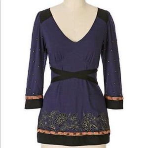 Anthropologie/C. Keer Embroidered Navy Blouse sz M